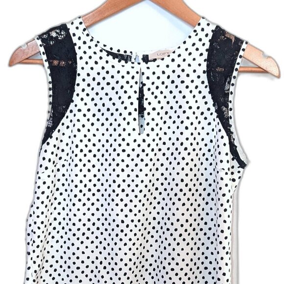 LOFT | Sleeveless Polka Dot & Lace Baby Doll Tank Blouse Black & White | Size XS - Picture 2 of 8